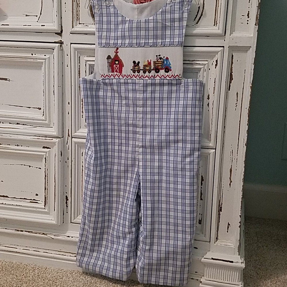 Boys long all with farm/tractor smocking.